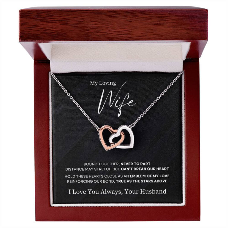 "Emblem of My Love" Wife from Husband Interlocking Hearts Necklace Finish: Stainless Steel & Rose Gold, Gift Box: Luxury Mahogany-Style LED Box