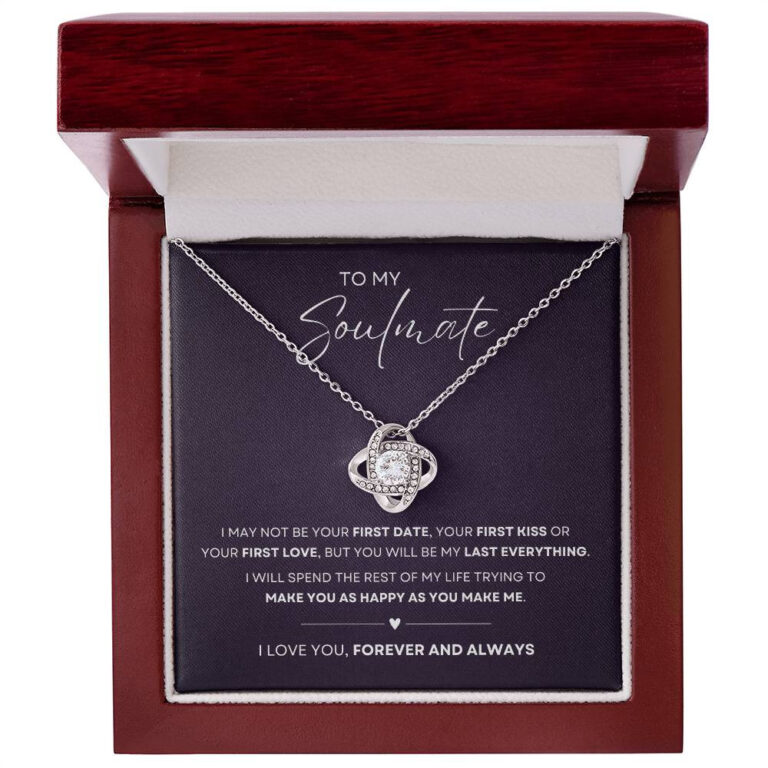 "My Last Everything" Wife, Girlfriend, Soulmate Love Knot Necklace Finish: 14k White Gold, Gift Box: Luxury Mahogany-Style LED Box