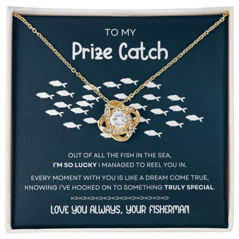 "My Prize Catch" Wife, Girlfriend, Soulmate Love Knot Necklace Finish: 18k Yellow Gold, Gift Box: Standard Two-Toned Box