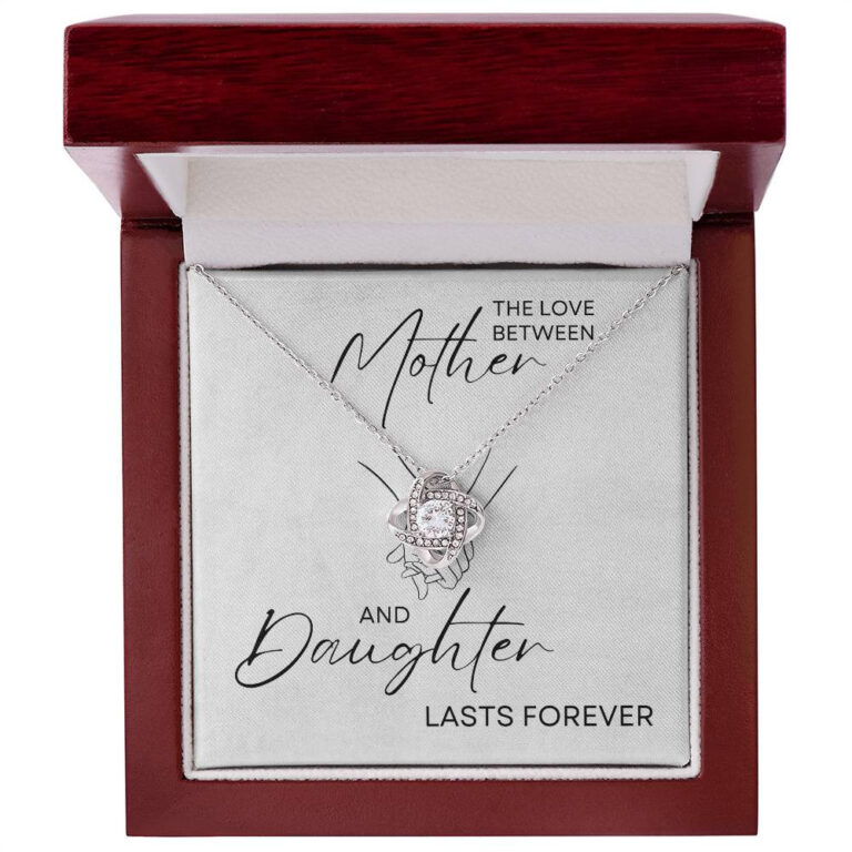 "Love Between Lasts Forever" Mother and Daughter Love Knot Necklace Finish: 14k White Gold, Gift Box: Luxury Mahogany-Style LED Box